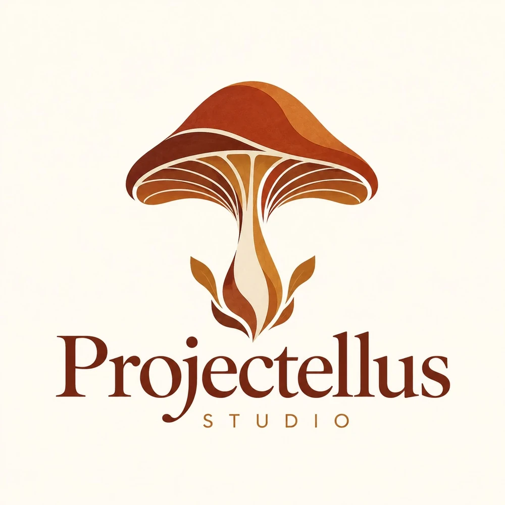 Projectellus Studio logo: a stylised bolete mushroom with the studio name